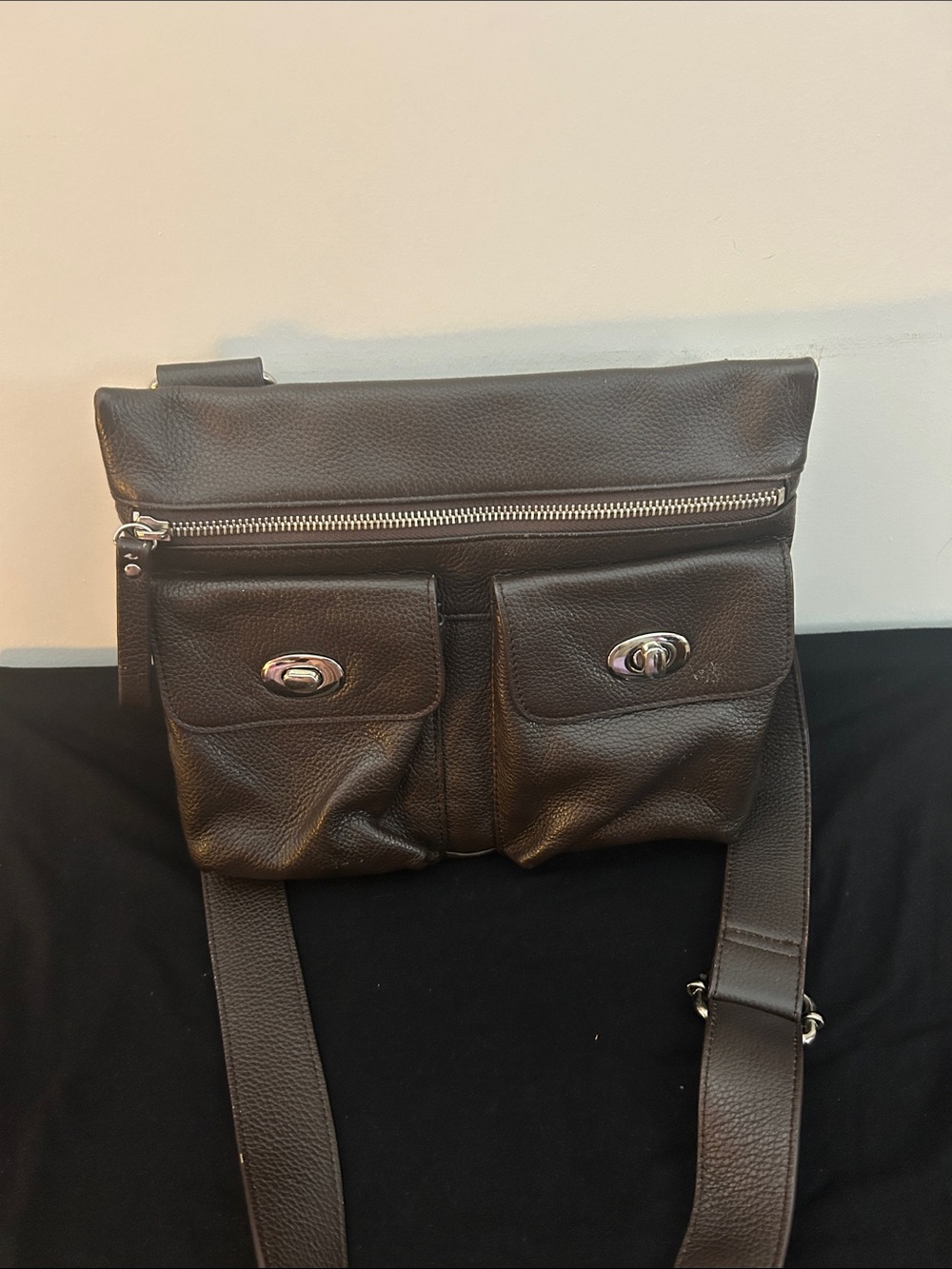 Danier Black Leather Crossbody with Dual Front Pockets